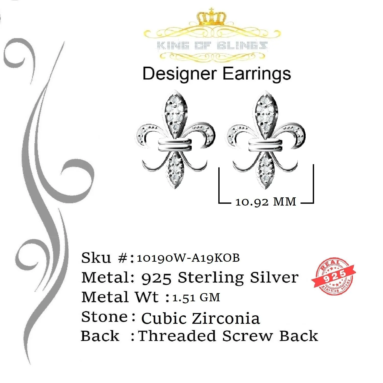 King of Blings- 925 White Silver Fleur de Lis Screw Back 0.25ct Cubic Zirconia Ladies Earrings