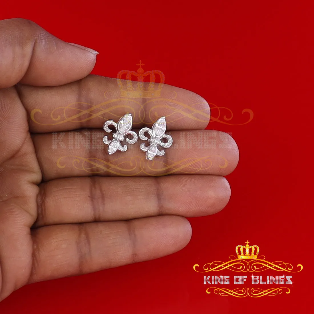 King of Blings- 925 White Silver Ladies Fleur de Lis Screw Back 2.43ct Cubic Zirconia Earrings