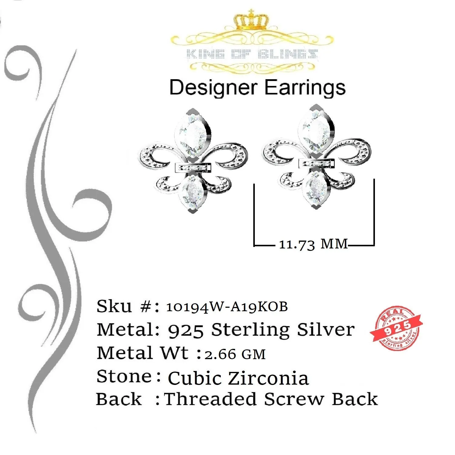 King of Blings- 925 White Silver Ladies Fleur de Lis Screw Back 2.43ct Cubic Zirconia Earrings