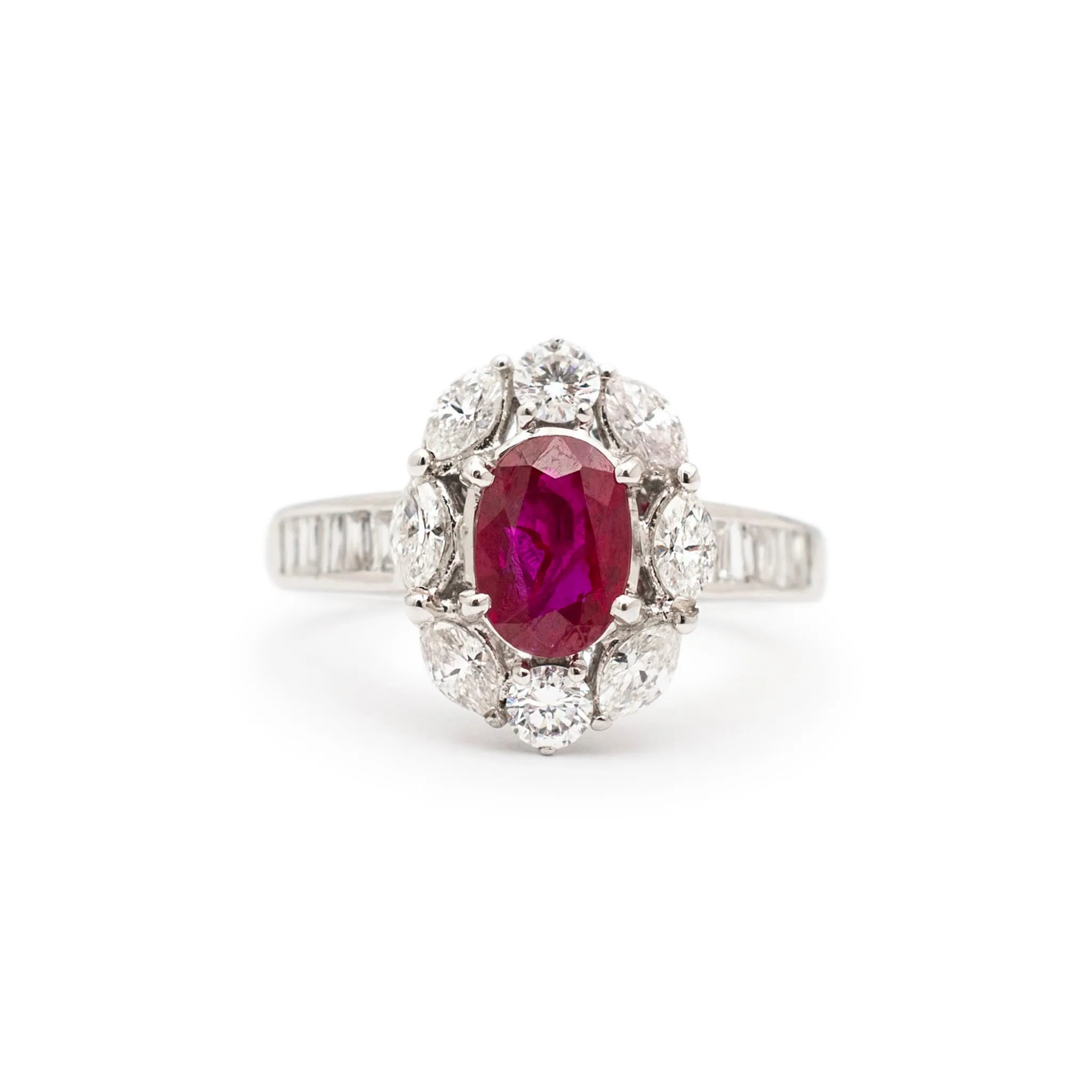 Ladies Vintage 18K White Gold 1.04ct. Gia Oval Ruby Halo Marquee Diamond Cocktail Ring