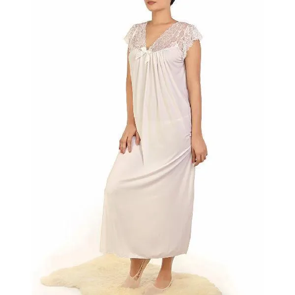 Loungewear for Ladies White Nighty Long Nightgown Lace Bodice Drop Shoulder Full Length Nighty