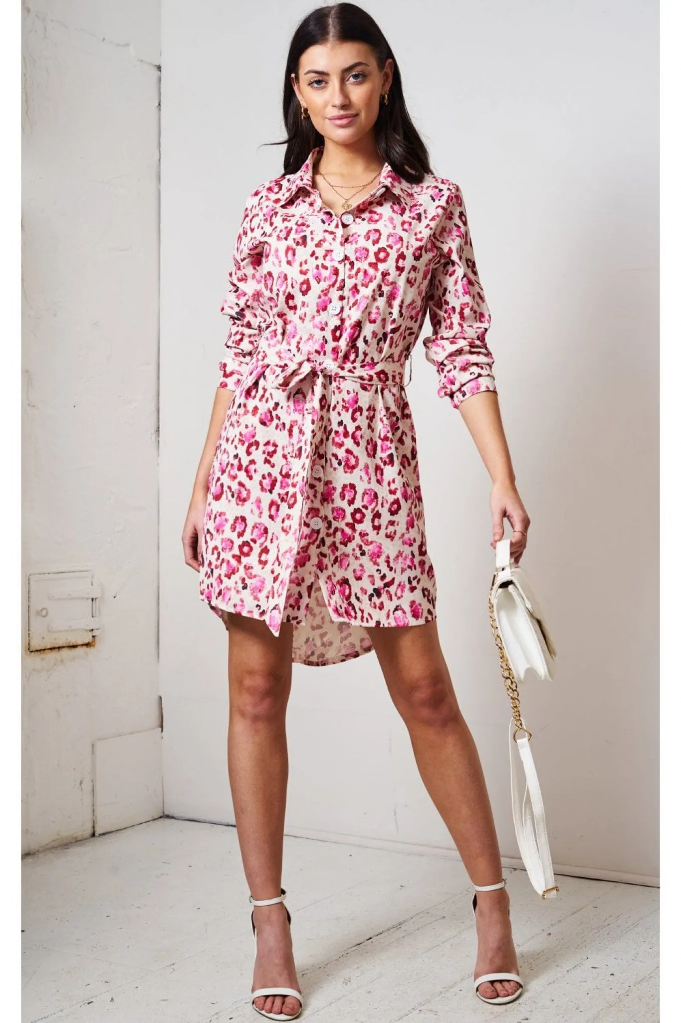 Love Frontrow Pink Leopard Print Shirt Dress