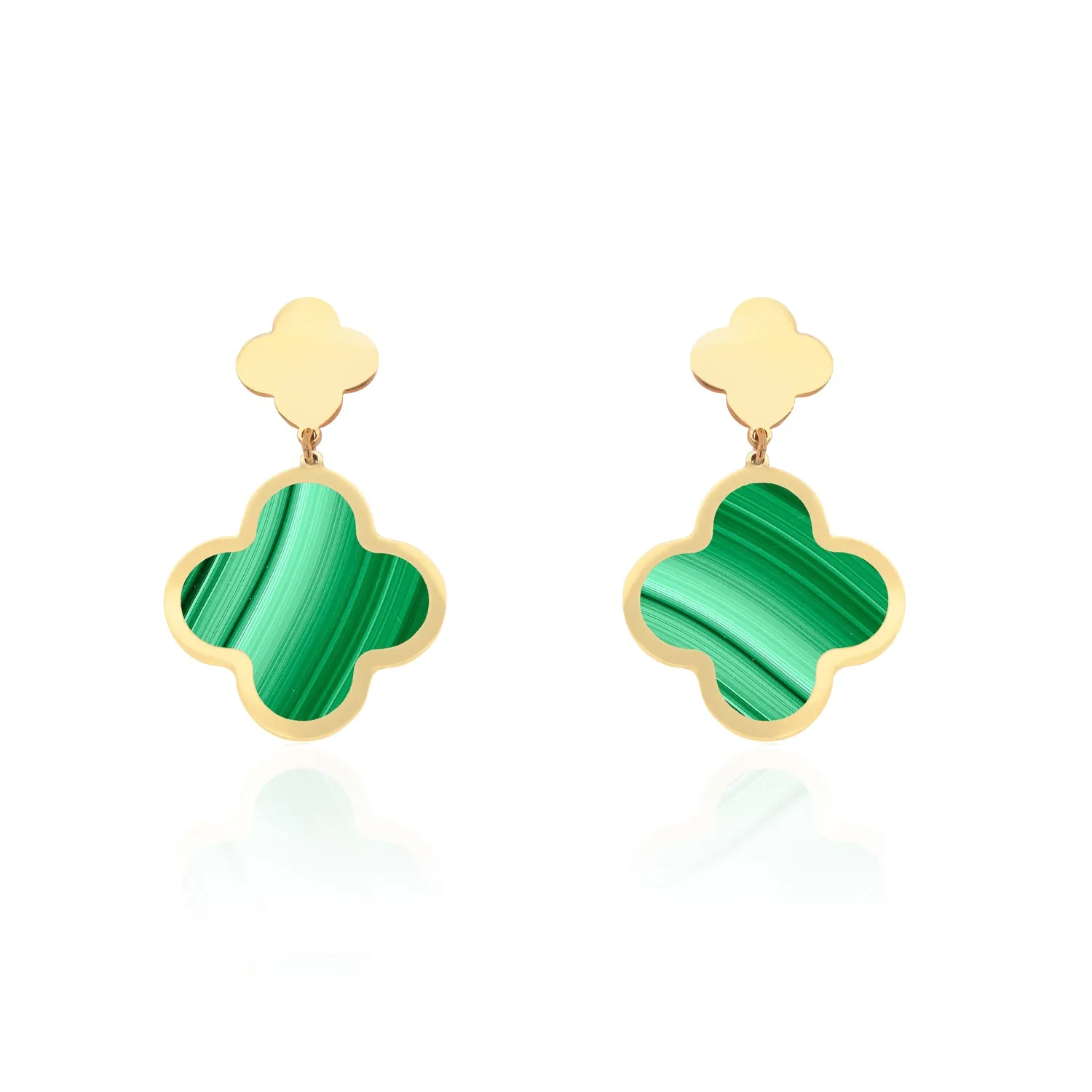 Malachite and Gold Clover Drop Earrings