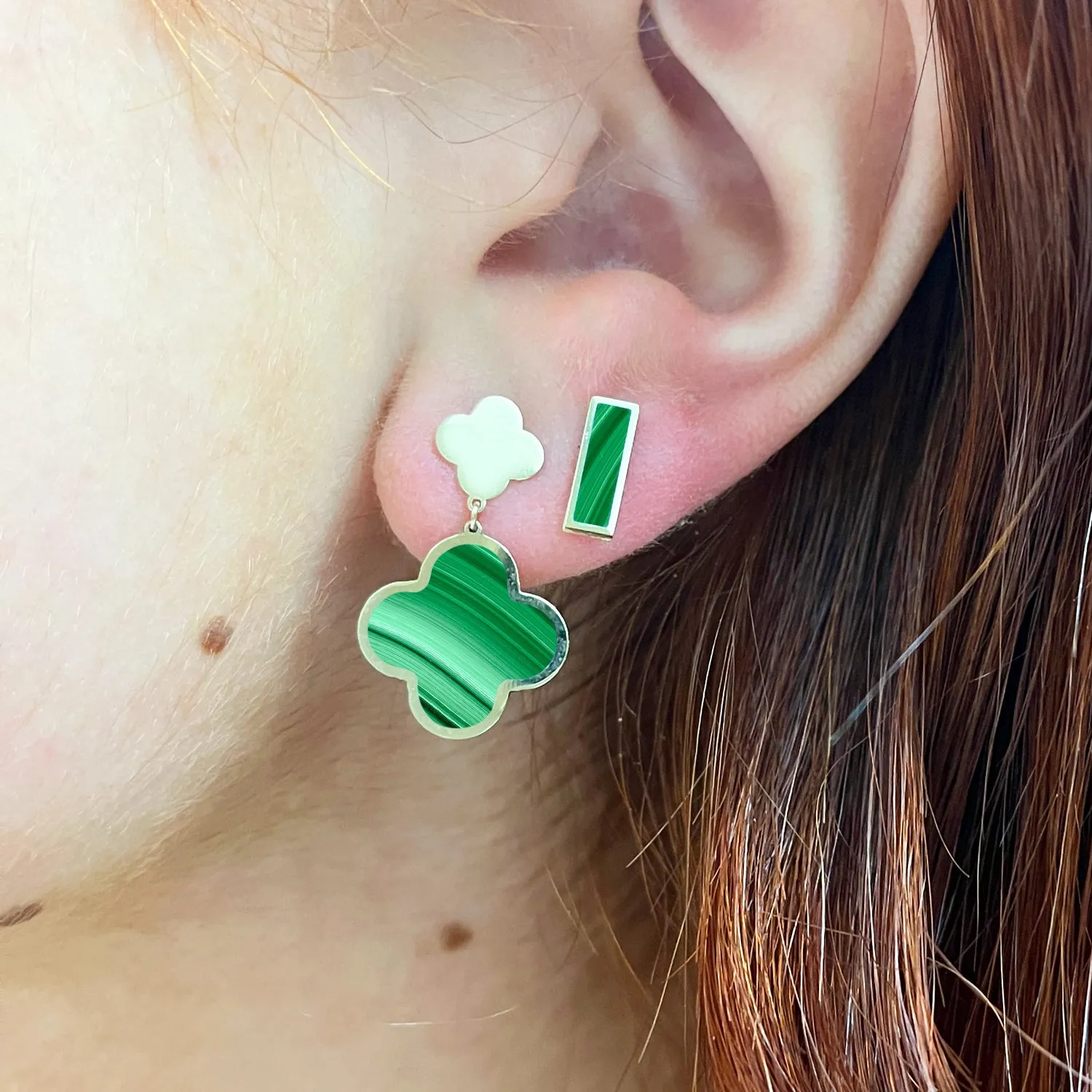 Malachite and Gold Clover Drop Earrings