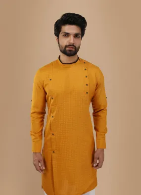 Manyawar Mustard Yellow Self Design Asymmetrical Kurta