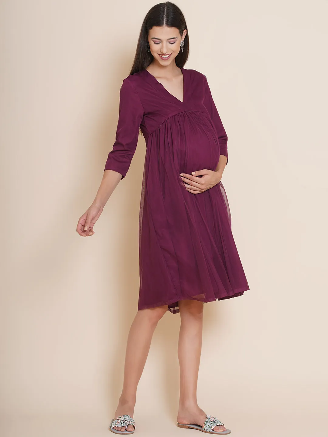 Maternity Solid Wine Short Baby Shower Dress