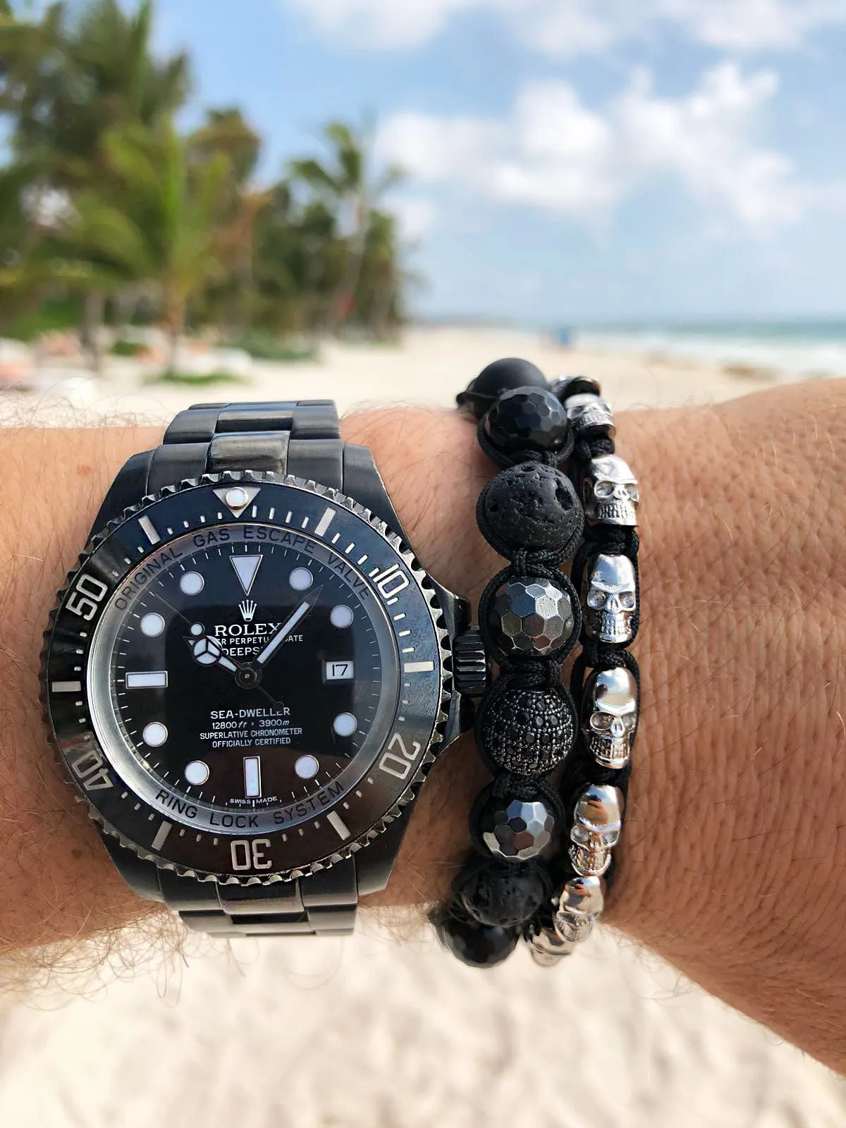 Men's Beaded Bracelet with Black CZ Diamond, Lava Stone, Matte Onyx, and Agate