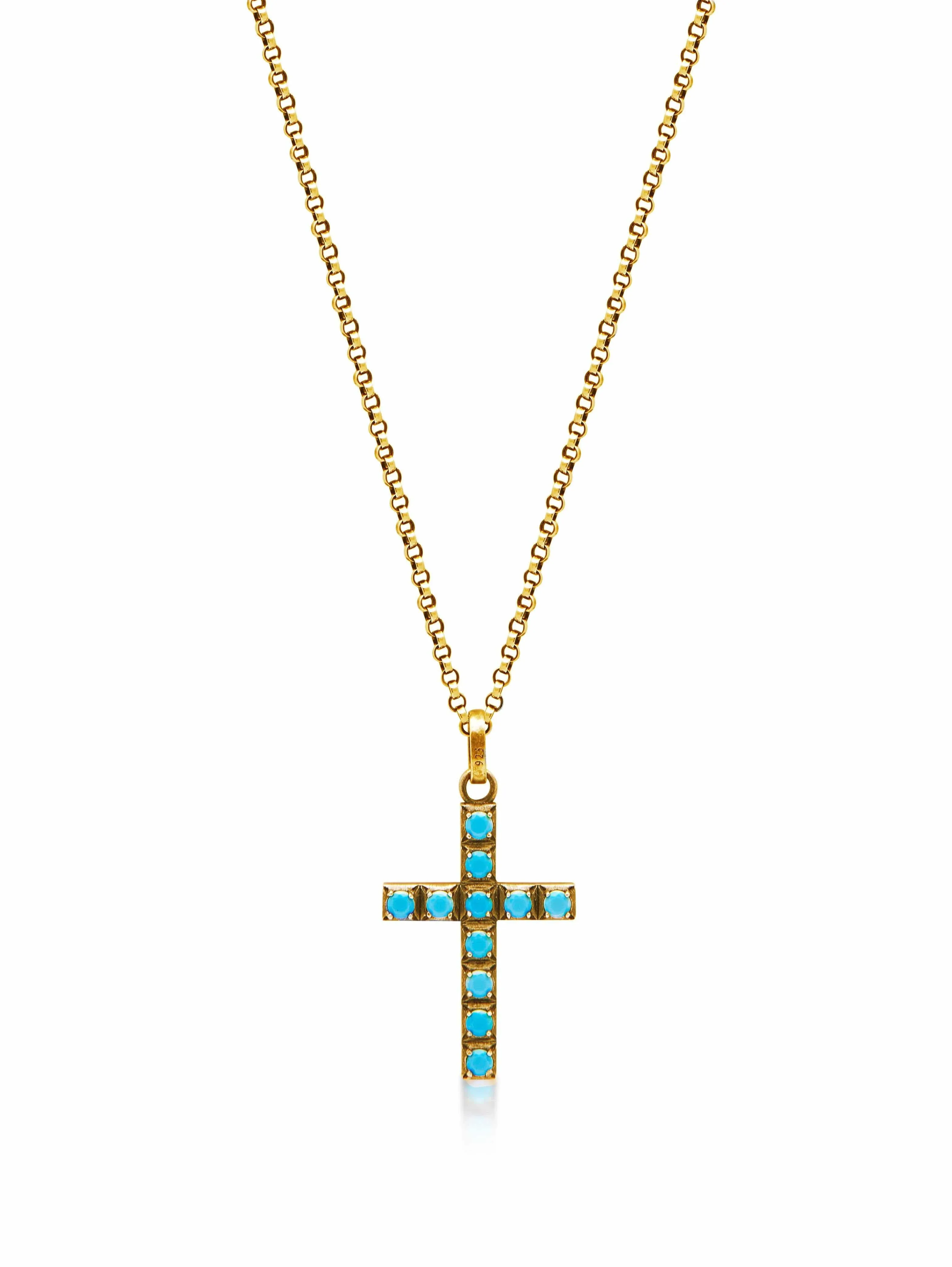 Men's Gold Necklace with Sterling Silver Turquoise Cross Pendant