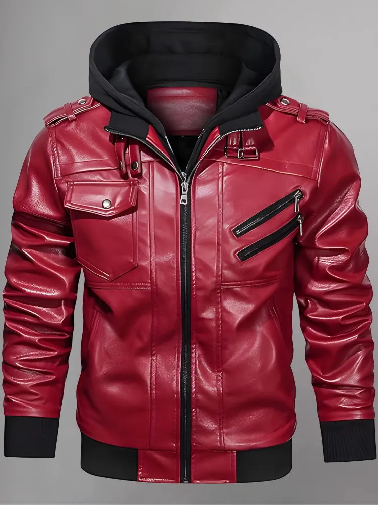 Mens Removable Hood Bomber Red Leather Jacket