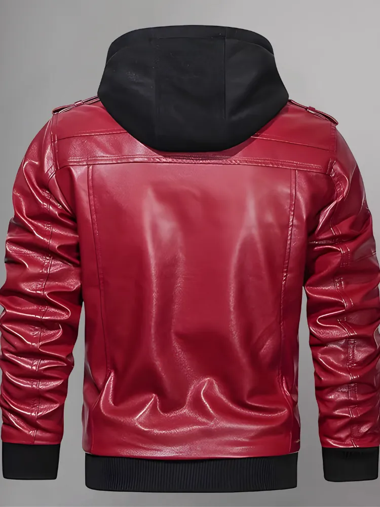 Mens Removable Hood Bomber Red Leather Jacket