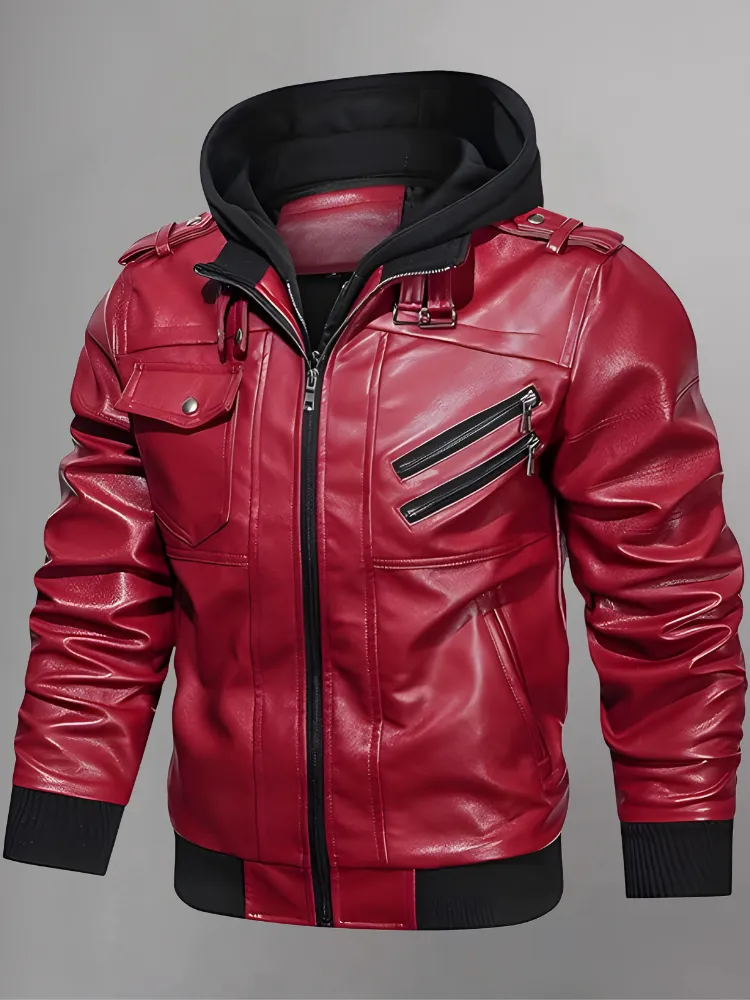 Mens Removable Hood Bomber Red Leather Jacket