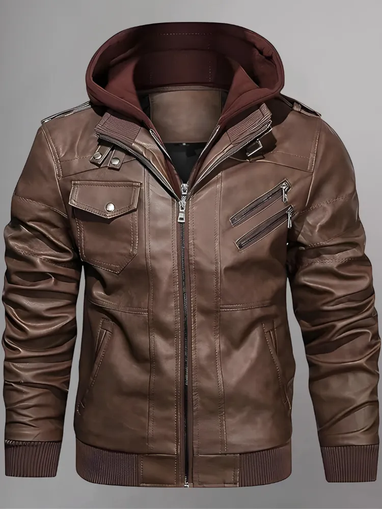 Mens Removable Hood Bomber Red Leather Jacket