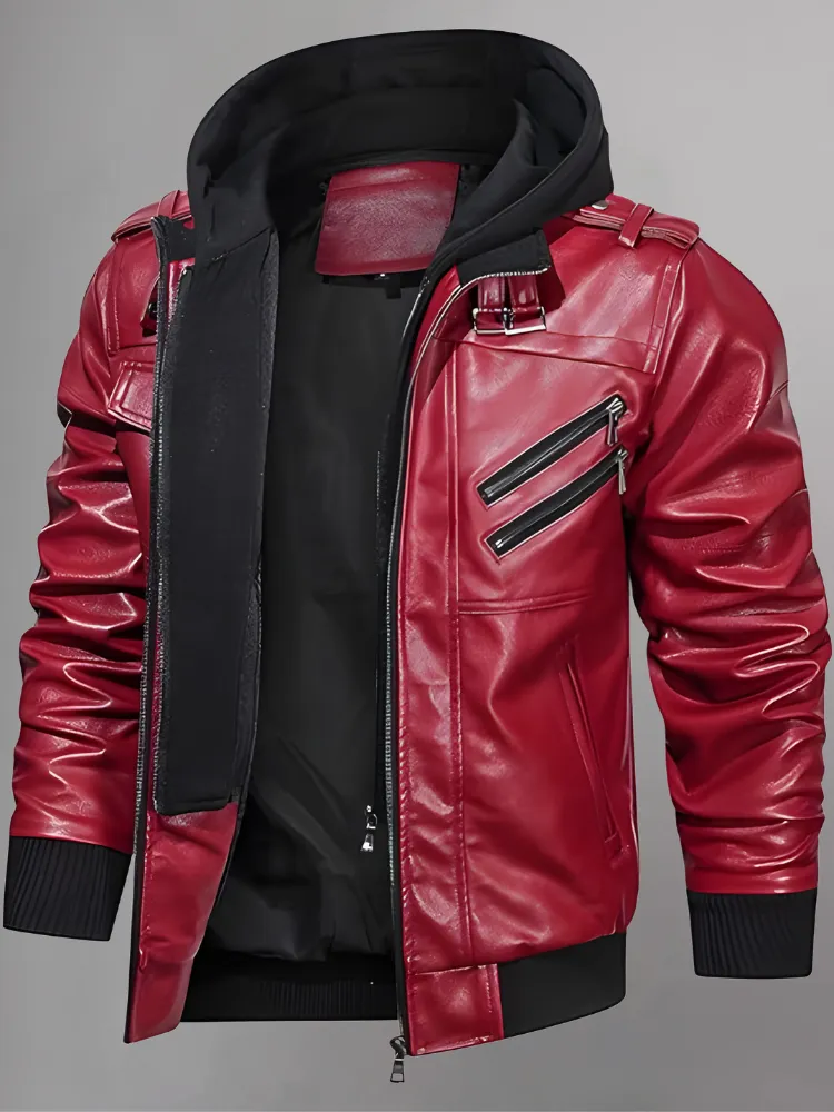 Mens Removable Hood Bomber Red Leather Jacket