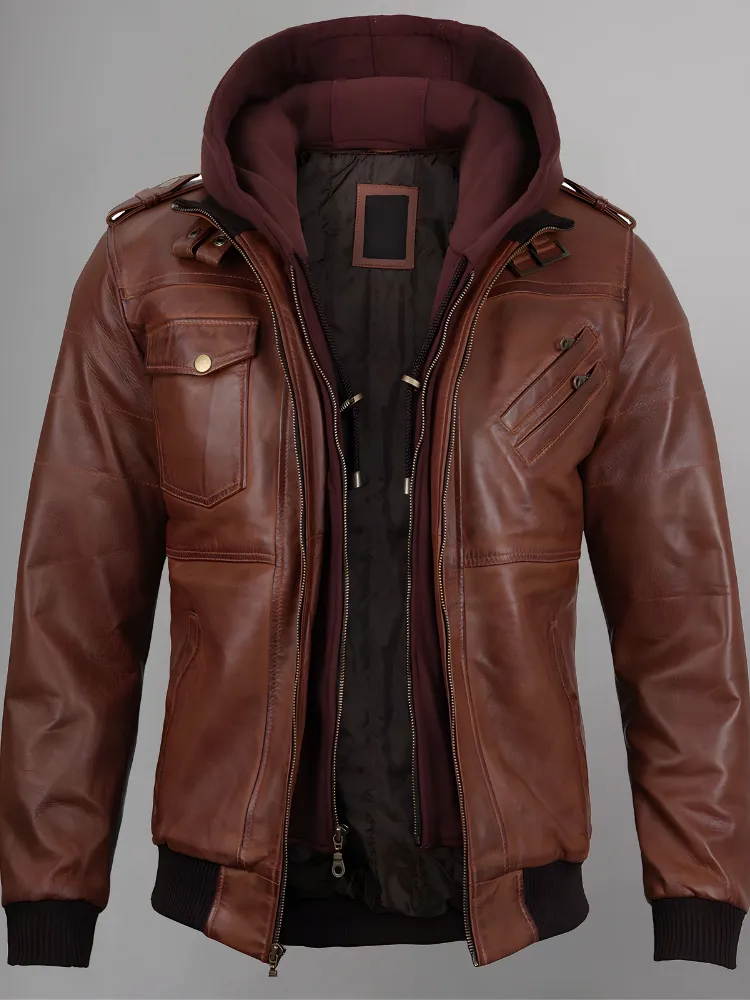 Mens Removable Hood Bomber Red Leather Jacket