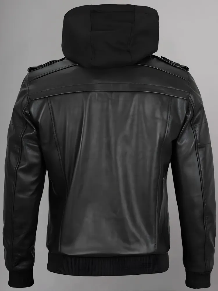 Mens Removable Hood Bomber Red Leather Jacket