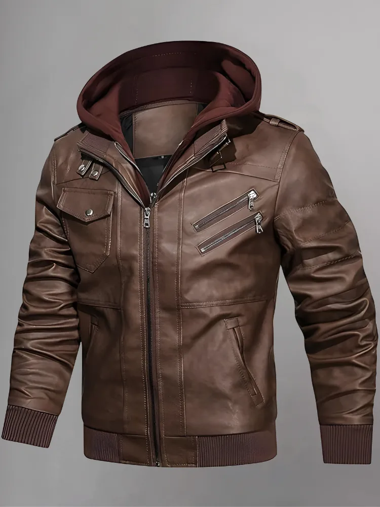 Mens Removable Hood Bomber Red Leather Jacket