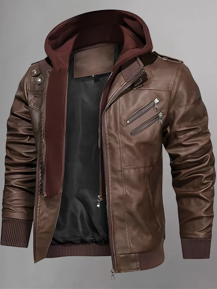 Mens Removable Hood Bomber Red Leather Jacket