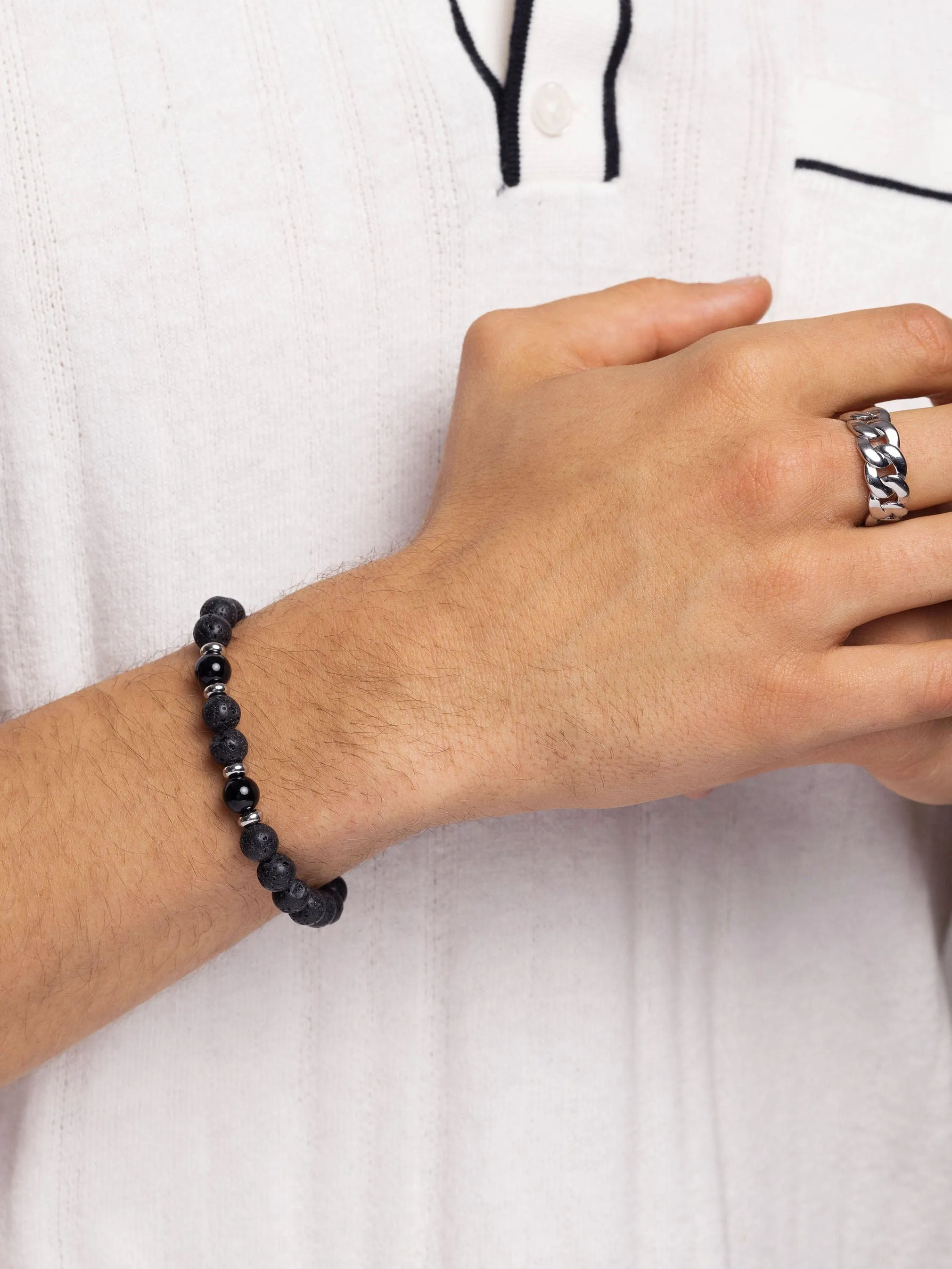 Men's Wristband with Lava Stone, Black Agate and Silver