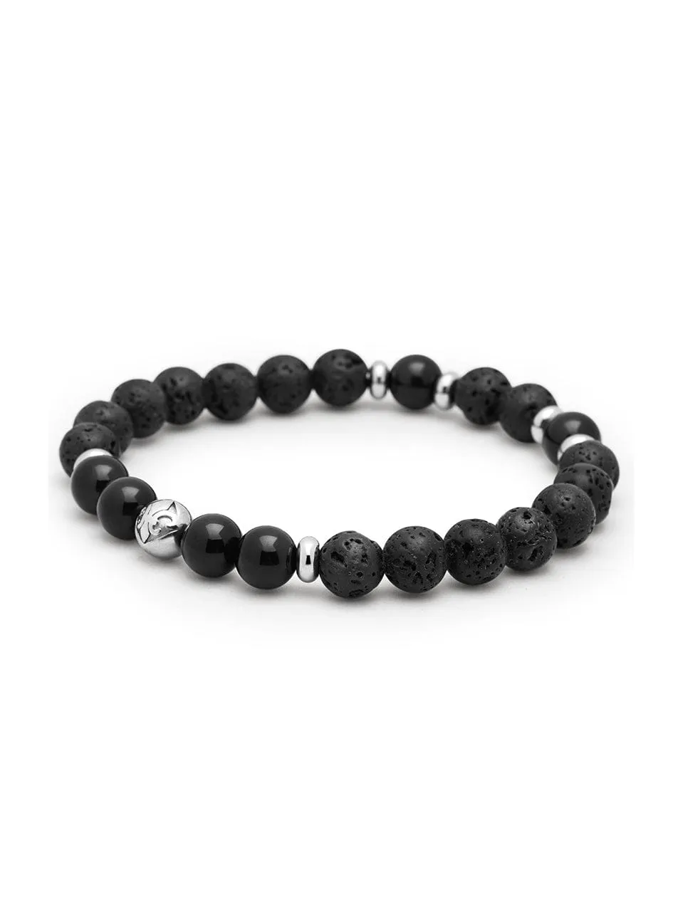 Men's Wristband with Lava Stone, Black Agate and Silver