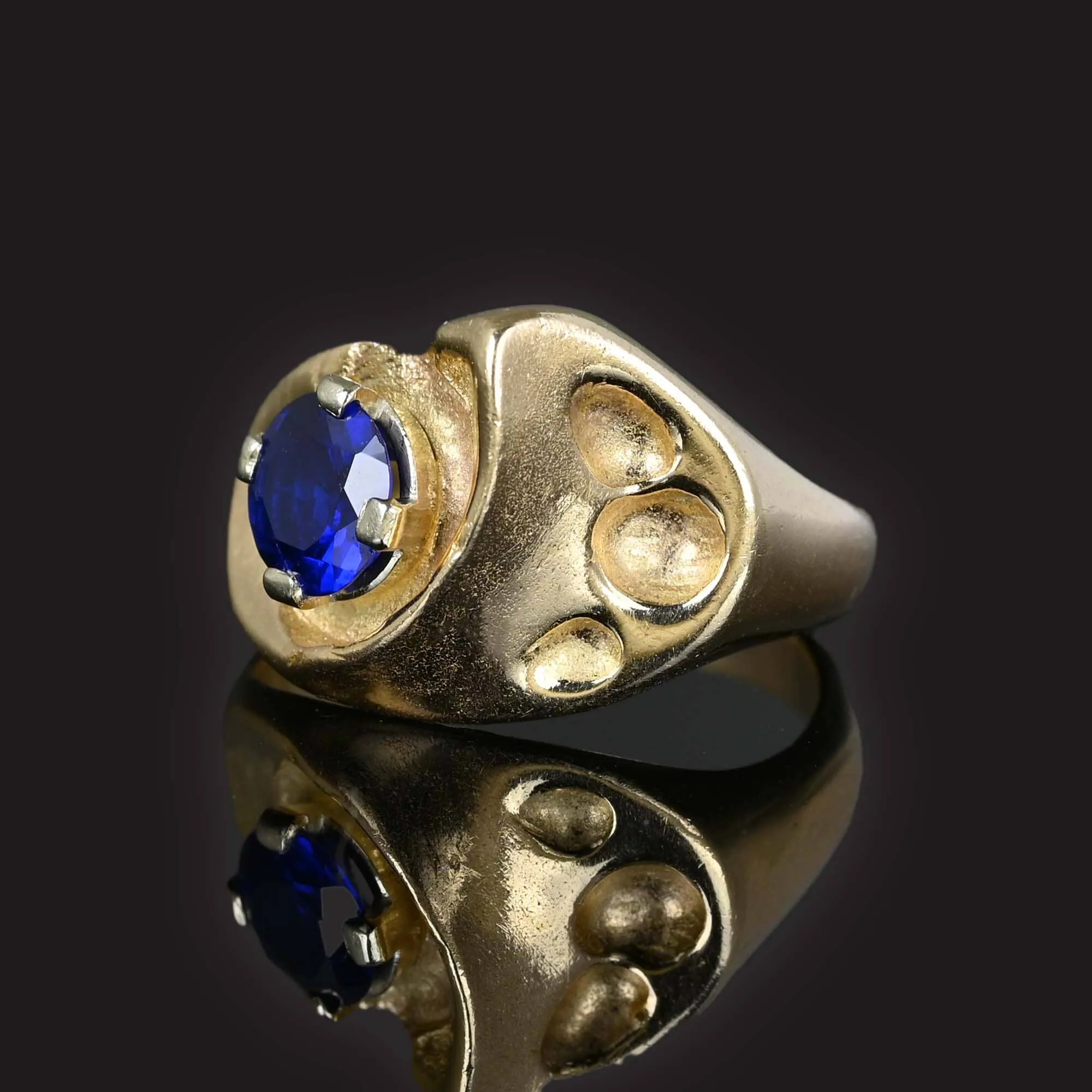 Modernist Heavy 14K Gold Sapphire Owl Ring