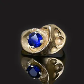 Modernist Heavy 14K Gold Sapphire Owl Ring