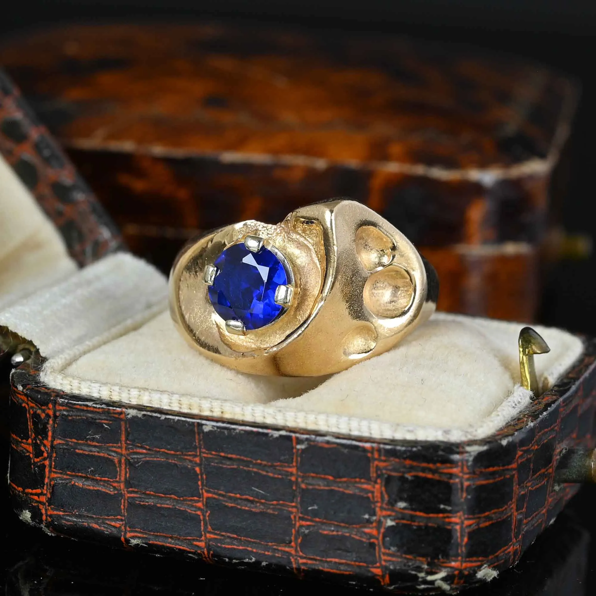 Modernist Heavy 14K Gold Sapphire Owl Ring