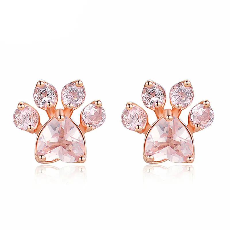 Natural Rose Quartz Cat Paw Earrings (14K Rose Gold Plated)