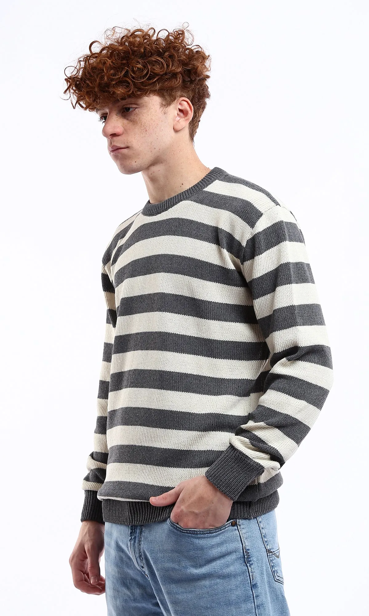 O174212 Dark Grey & Off-White Striped Knitted Casual Pullover