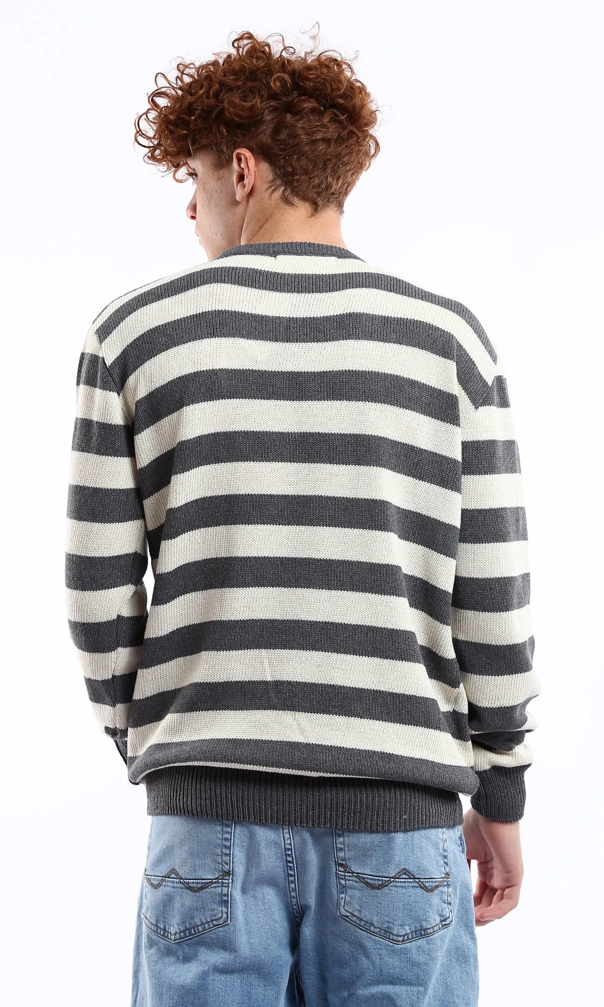 O174212 Dark Grey & Off-White Striped Knitted Casual Pullover