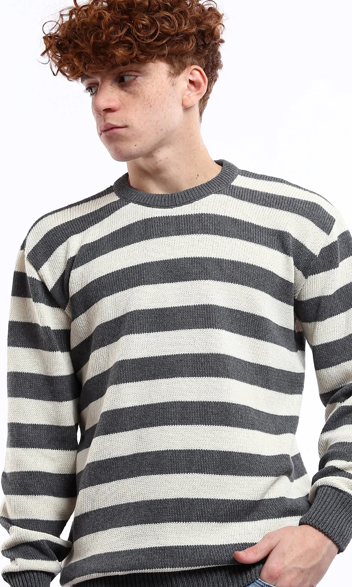 O174212 Dark Grey & Off-White Striped Knitted Casual Pullover