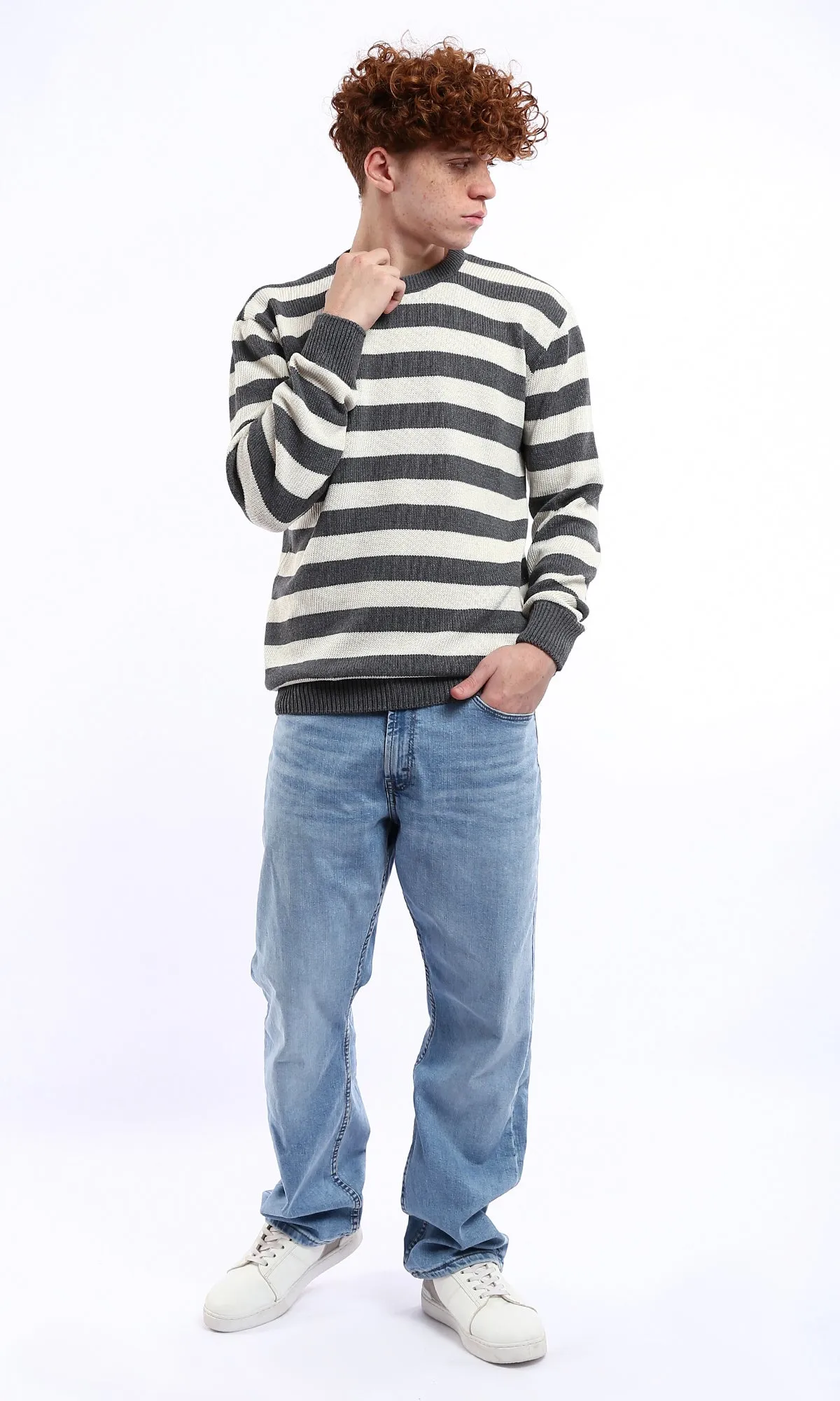 O174212 Dark Grey & Off-White Striped Knitted Casual Pullover