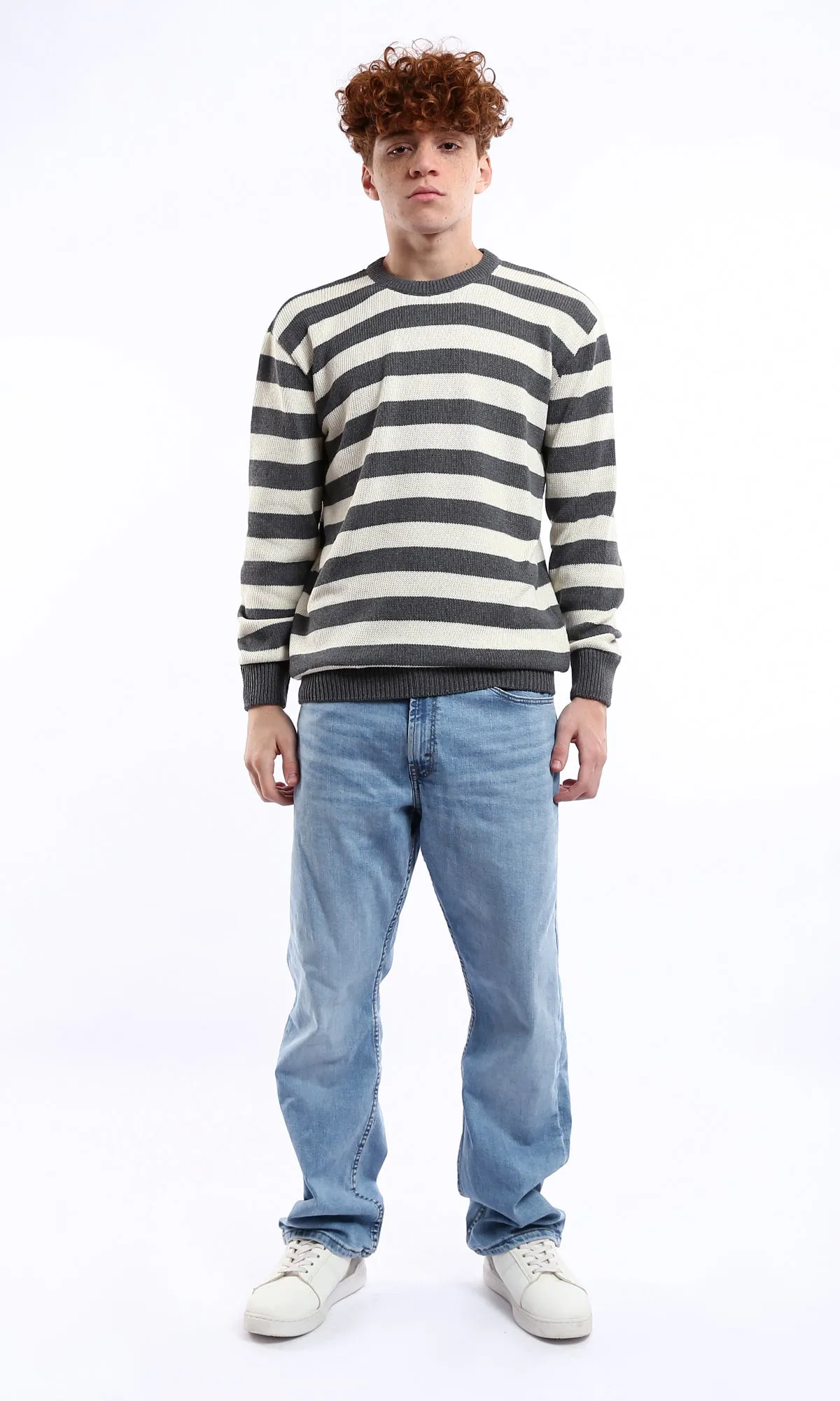 O174212 Dark Grey & Off-White Striped Knitted Casual Pullover