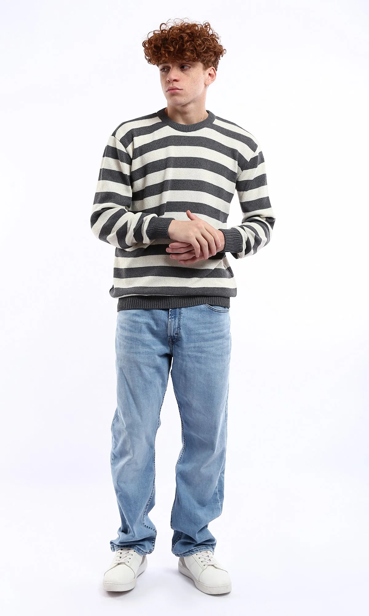 O174212 Dark Grey & Off-White Striped Knitted Casual Pullover