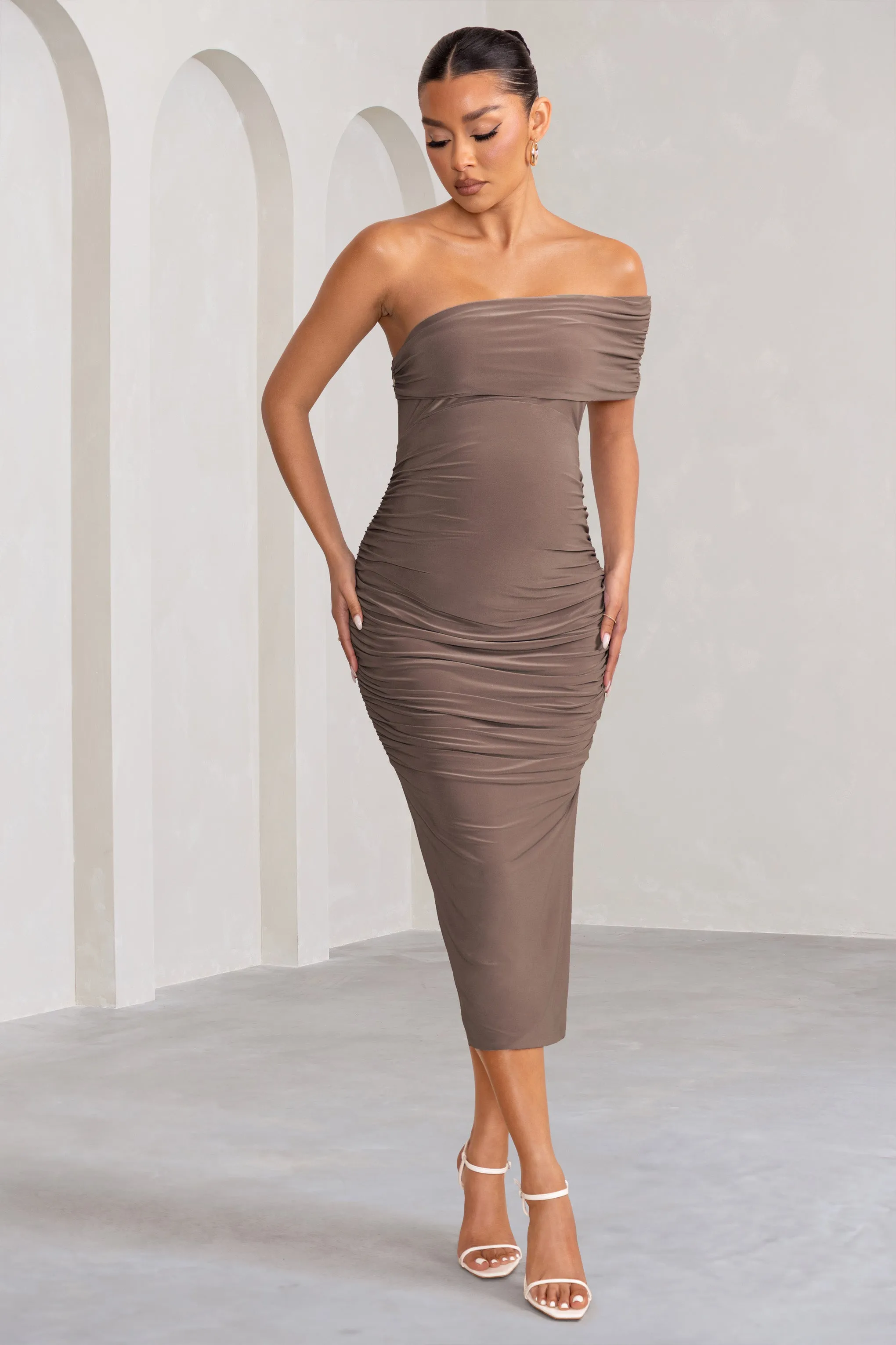 Odelia | Mocha Maternity Midi Dress with Asymmetric Sleeve and Side Split