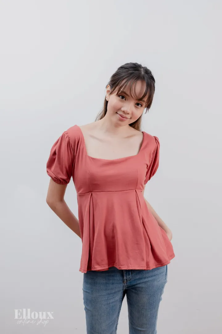 Old Rose Square Neck Puffed Sleeves Top