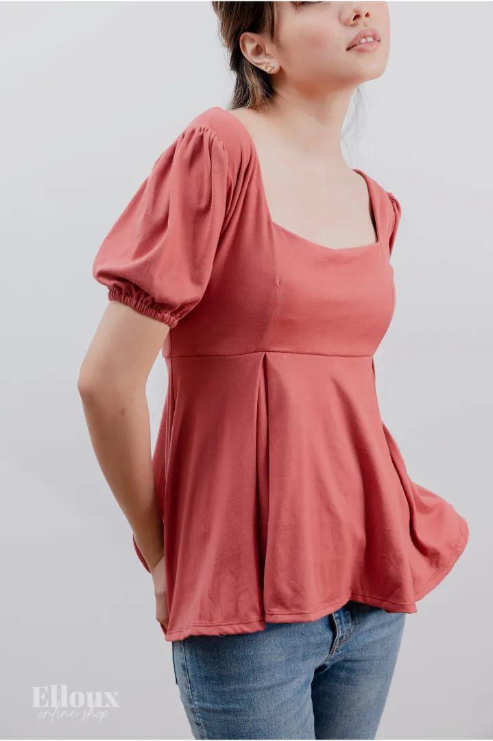 Old Rose Square Neck Puffed Sleeves Top