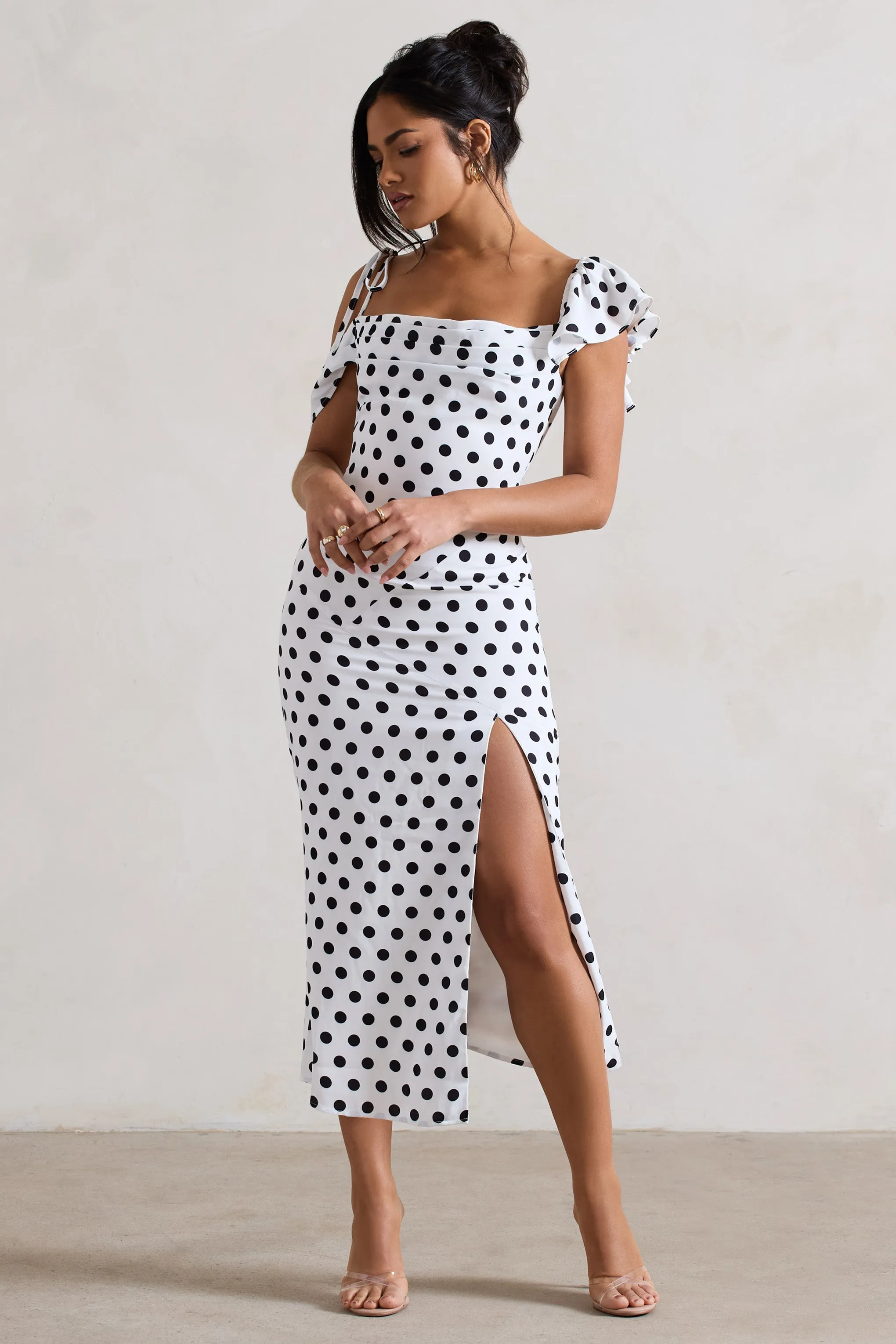 Palermo | White Polka Dot Asymmetric Draped Split Midi Dress