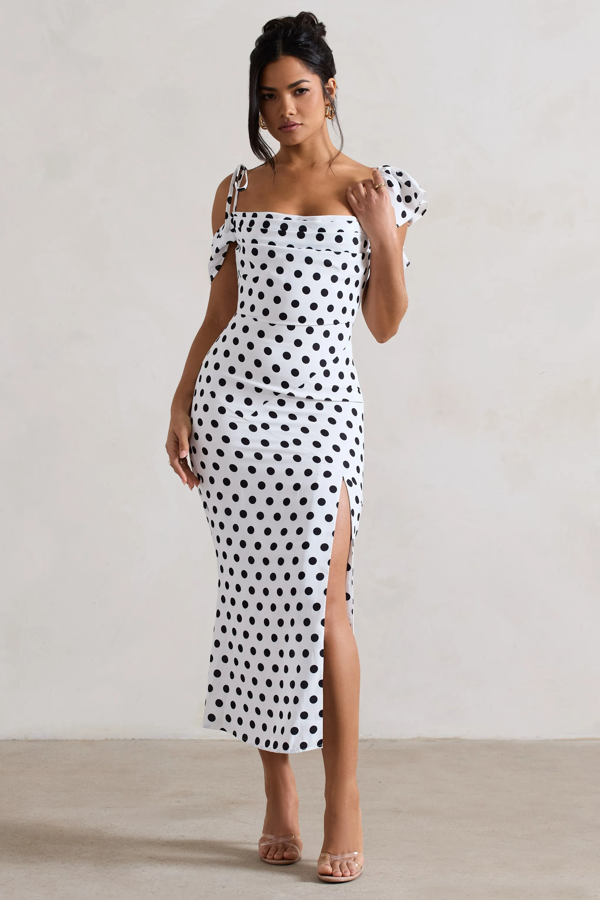 Palermo | White Polka Dot Asymmetric Draped Split Midi Dress