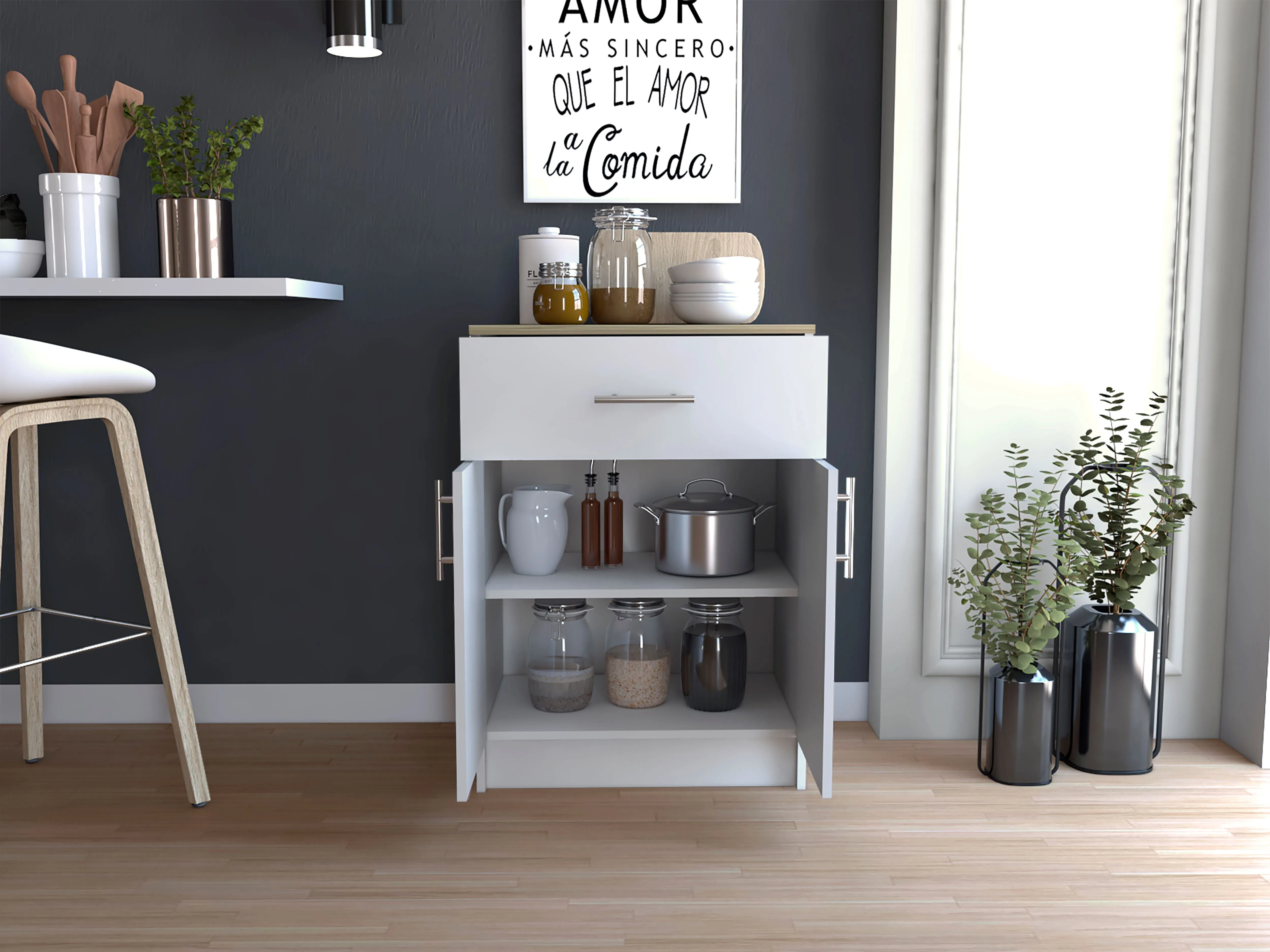 Pantry Cabinet Netal One Drawer Double Door with Two Shelves White/Light Oak