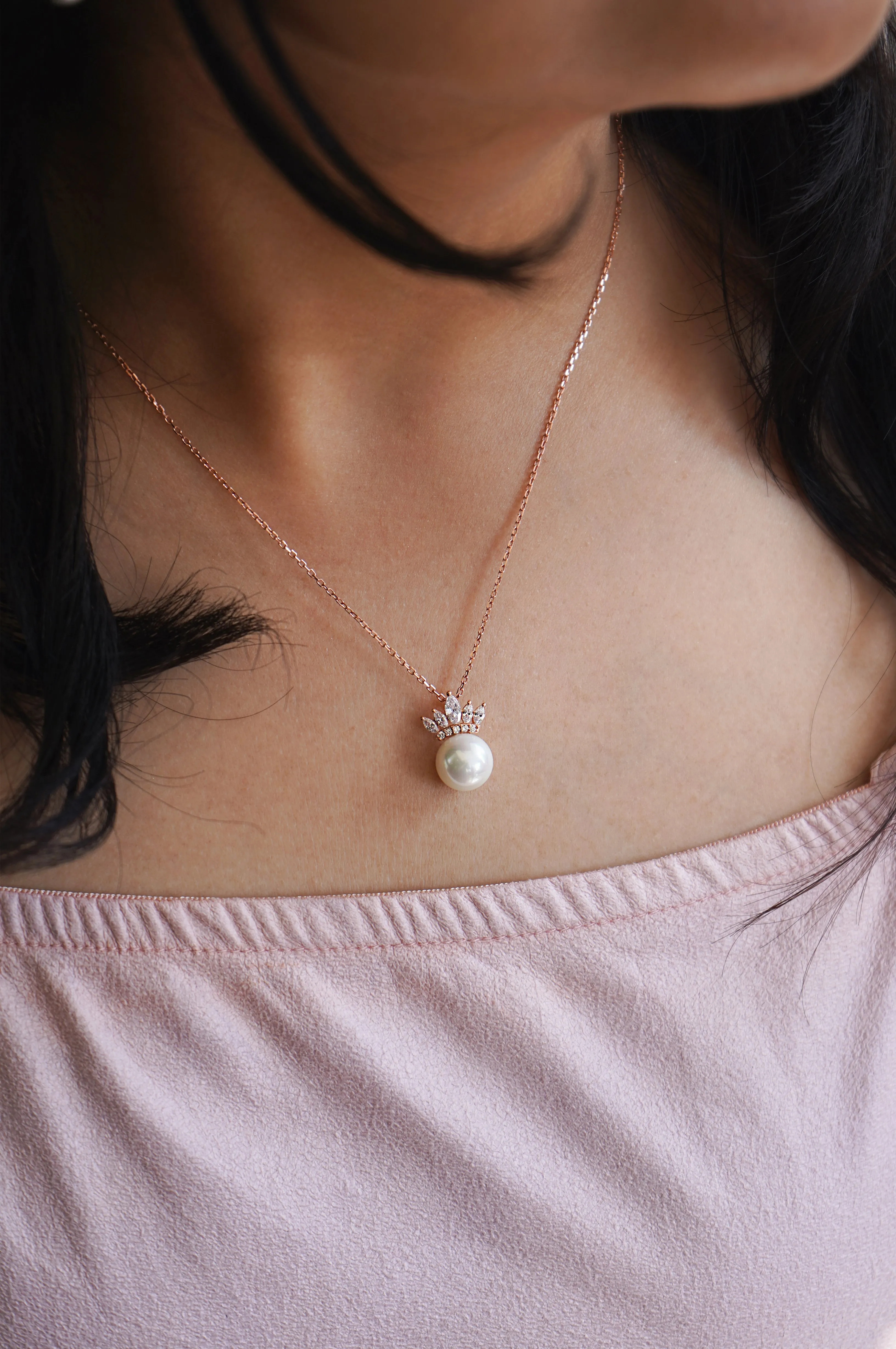 Pearl With A Crown Rose Gold Plated Sterling Silver Pendant Set