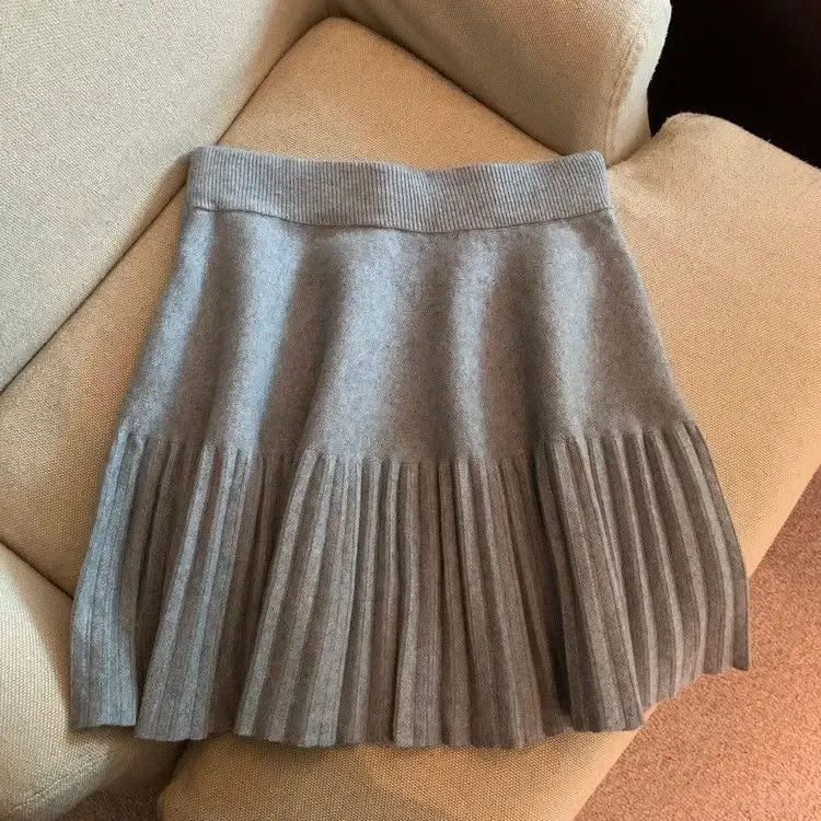 Pleated Skirt Women's Winter High-waisted A-line Skirt Knitted Skirt Preppy Style Women Clothing