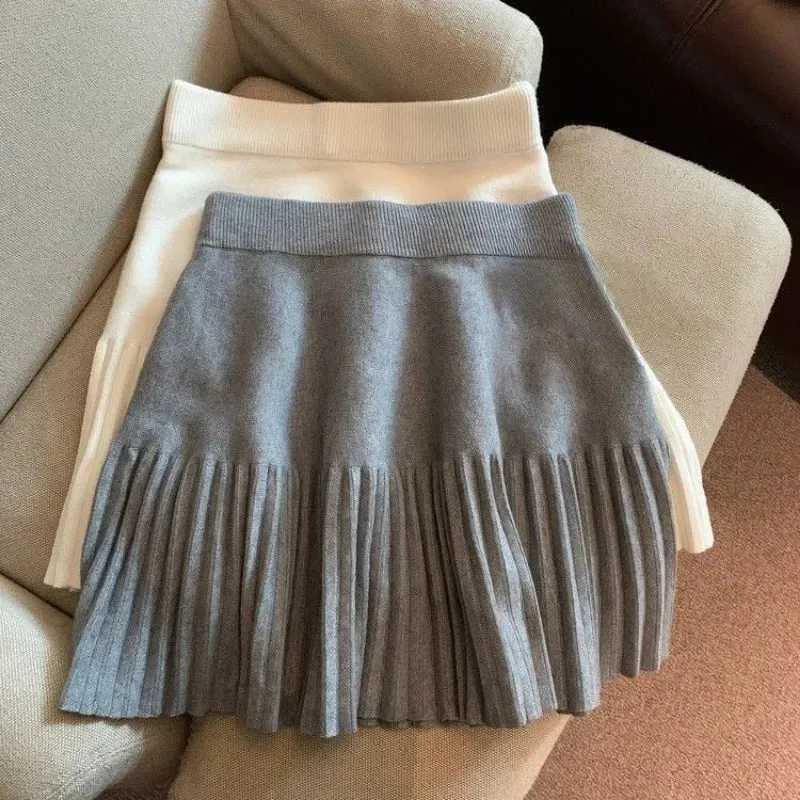 Pleated Skirt Women's Winter High-waisted A-line Skirt Knitted Skirt Preppy Style Women Clothing