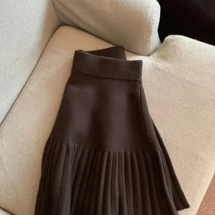 Pleated Skirt Women's Winter High-waisted A-line Skirt Knitted Skirt Preppy Style Women Clothing