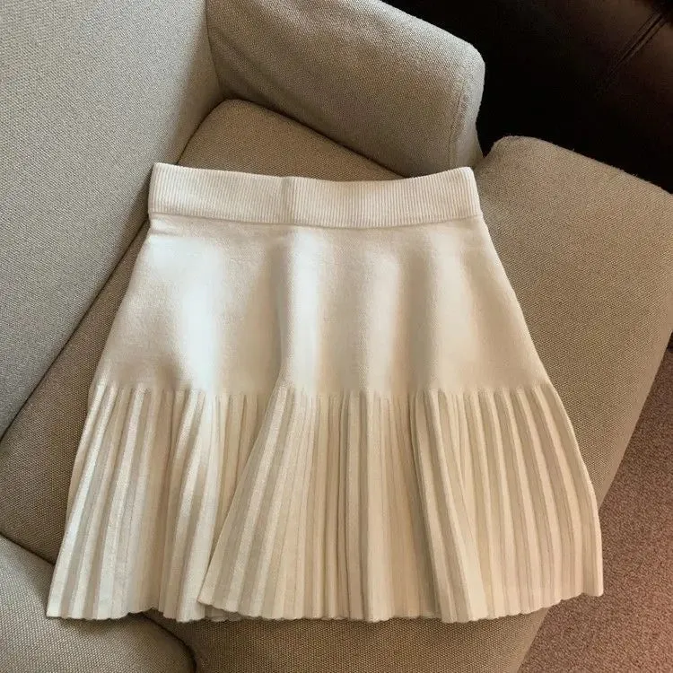 Pleated Skirt Women's Winter High-waisted A-line Skirt Knitted Skirt Preppy Style Women Clothing