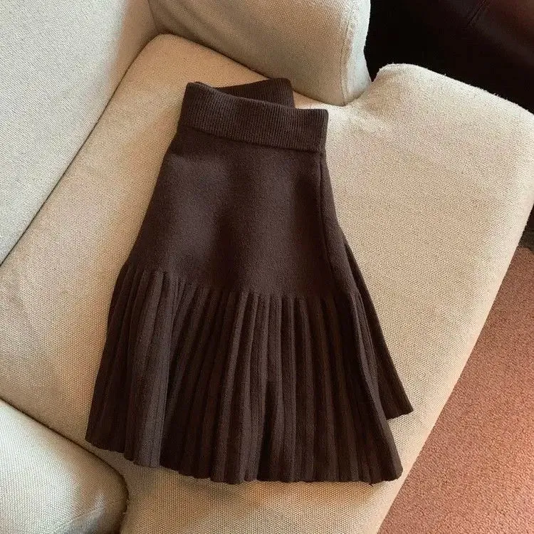 Pleated Skirt Women's Winter High-waisted A-line Skirt Knitted Skirt Preppy Style Women Clothing