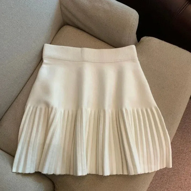 Pleated Skirt Women's Winter High-waisted A-line Skirt Knitted Skirt Preppy Style Women Clothing