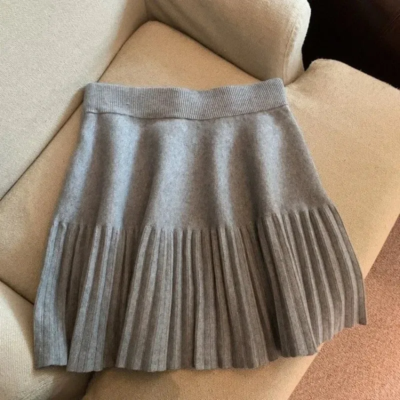 Pleated Skirt Women's Winter High-waisted A-line Skirt Knitted Skirt Preppy Style Women Clothing