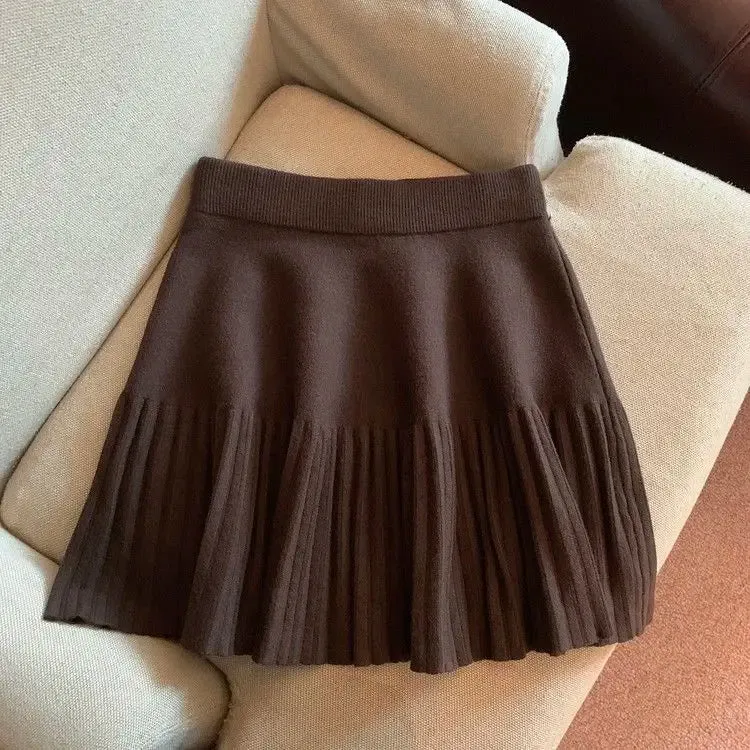 Pleated Skirt Women's Winter High-waisted A-line Skirt Knitted Skirt Preppy Style Women Clothing