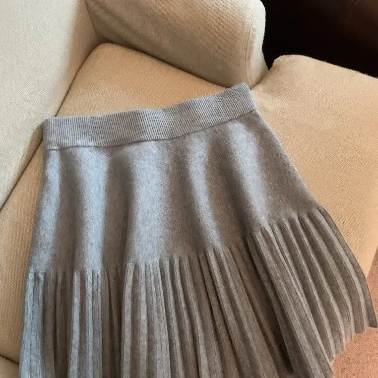 Pleated Skirt Women's Winter High-waisted A-line Skirt Knitted Skirt Preppy Style Women Clothing