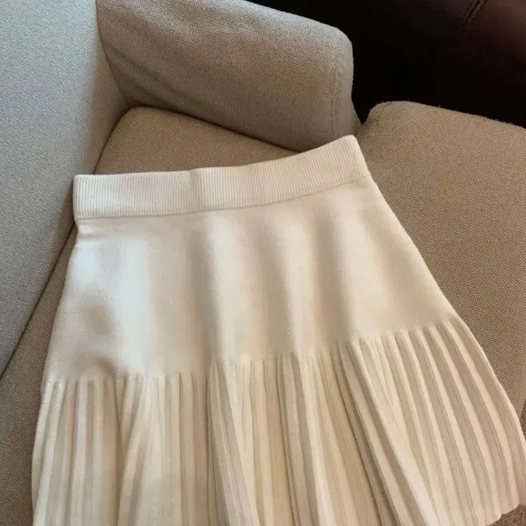 Pleated Skirt Women's Winter High-waisted A-line Skirt Knitted Skirt Preppy Style Women Clothing